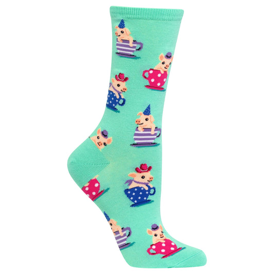 Hot Sox Women's Funny Joke Novelty Fashion Casual Socks, Tea Cup Pigs (Jade), Shoe Size: 4-10, Sock Size: 9-11