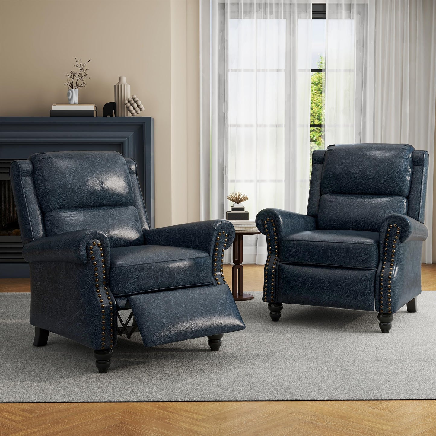 Pushback Recliner Chair,Upholstered Wingback Chair for Small Spaces,2 Set of PU Leather Armchair for Living Room,Single Sofa Accent Chair Reading Seat for Balcony,Bedroom-Navy Blue