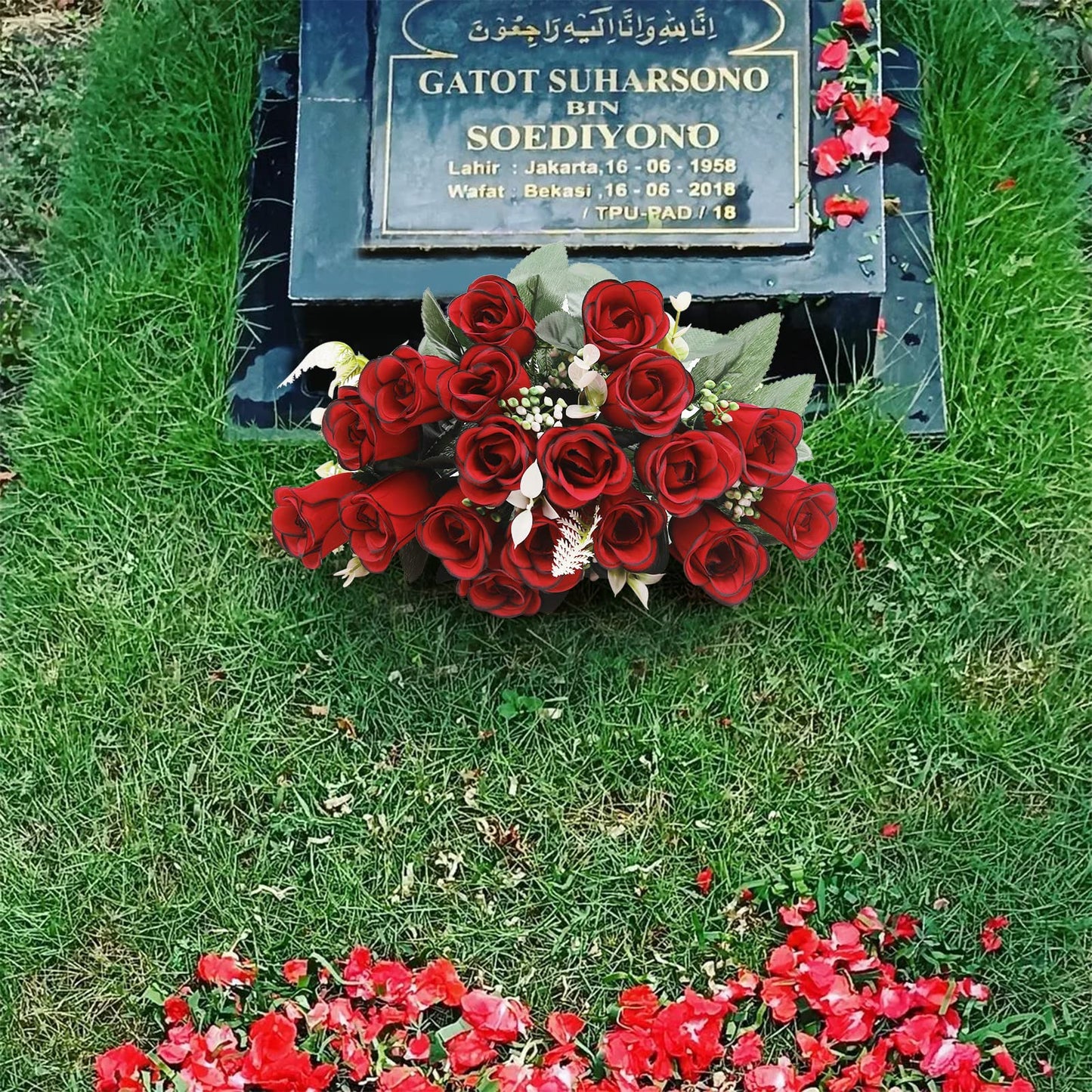 U'Artlines 2Pcs Artificial Cemetery Flowers for Grave Silk Memorial Red Rose Flowers Outdoor Grave Flowers for Grave Vase Cemetery Flower Arrangements (Not Included Vase)