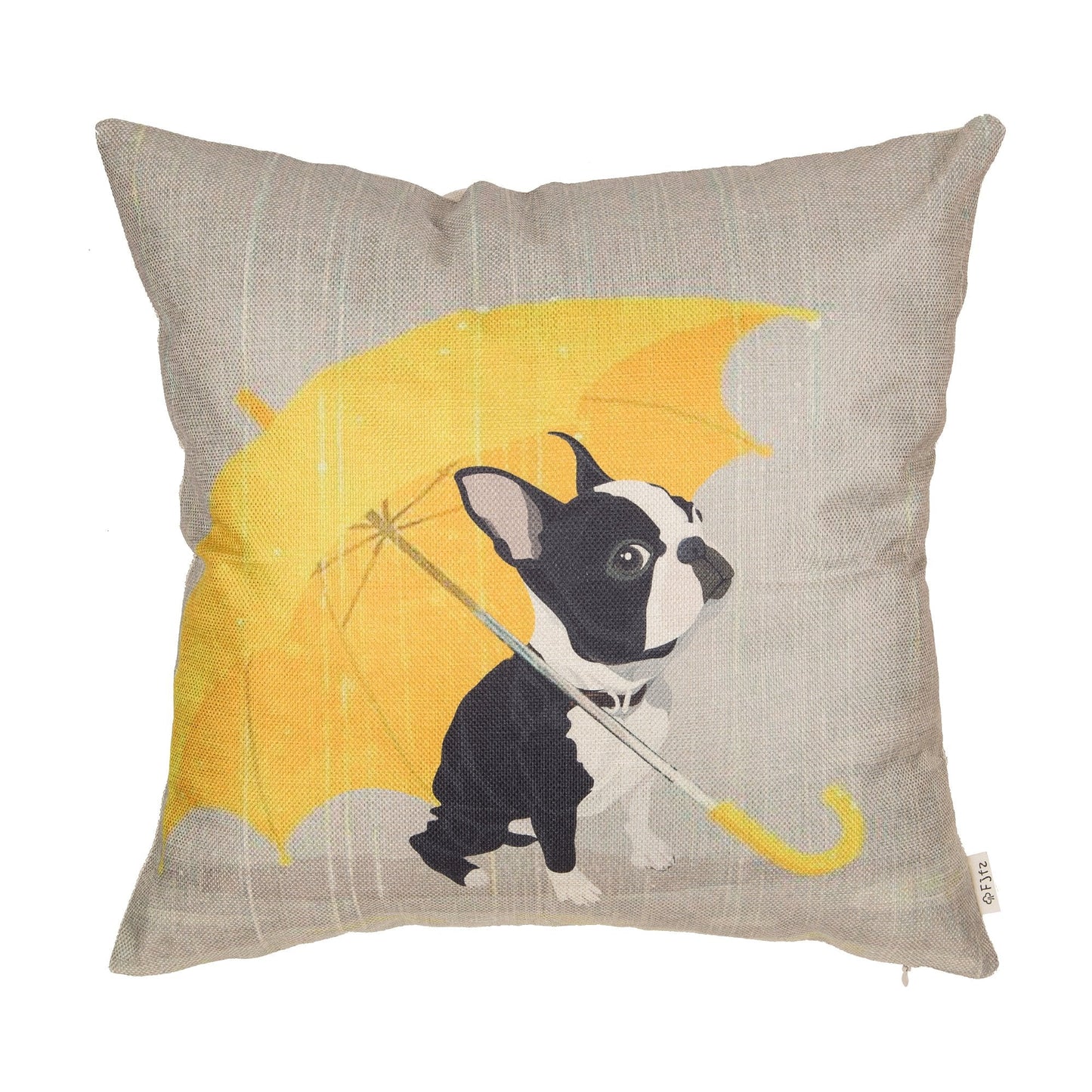 Fjfz Boston Terrier with Yellow Umbrella Dog Lover Decor Gift Cute Funny Decoration Cotton Linen Home Decorative Throw Pillow Case Cushion Cover for Sofa Couch, 18" x 18"