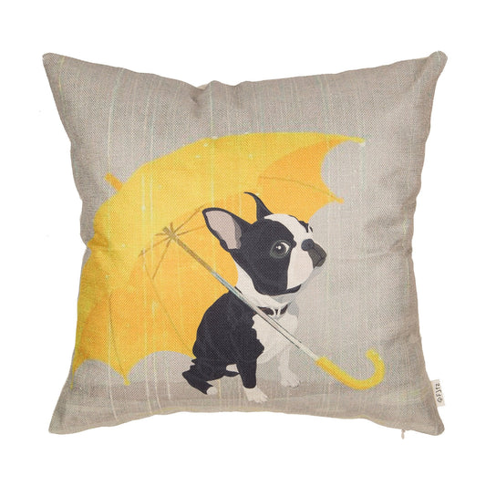 Fjfz Boston Terrier with Yellow Umbrella Dog Lover Decor Gift Cute Funny Decoration Cotton Linen Home Decorative Throw Pillow Case Cushion Cover for Sofa Couch, 18" x 18"