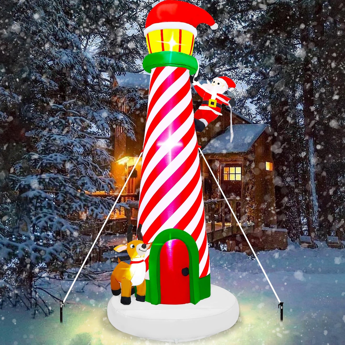 Lulu Home 10FT Christmas Inflatable Decoration, Giant Lighted Lighthouse Blowups with Santa and Reindeer, Air-Blown Ornaments with Storage Bags for Xmas Winter Yard Lawn Garden Outdoor Decor