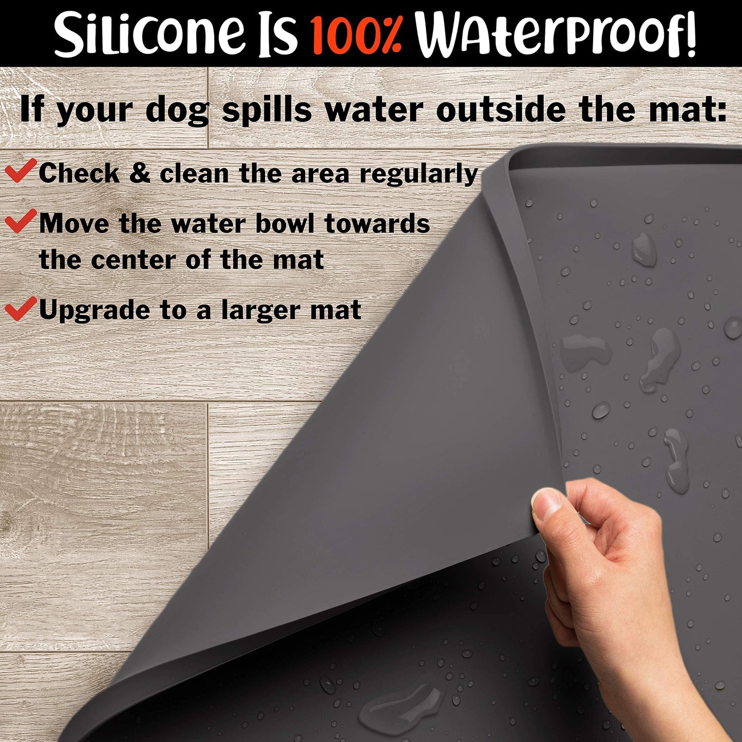 DogBuddy Dog Food Mat – Waterproof Dog Bowl Mat for Food and Water, Silicone Pet Feeding Mats for Floors, Non-Slip Placemat with High Edges for Dogs Bowls, Puppy Essentials (Small: 19"x12", Shadow)