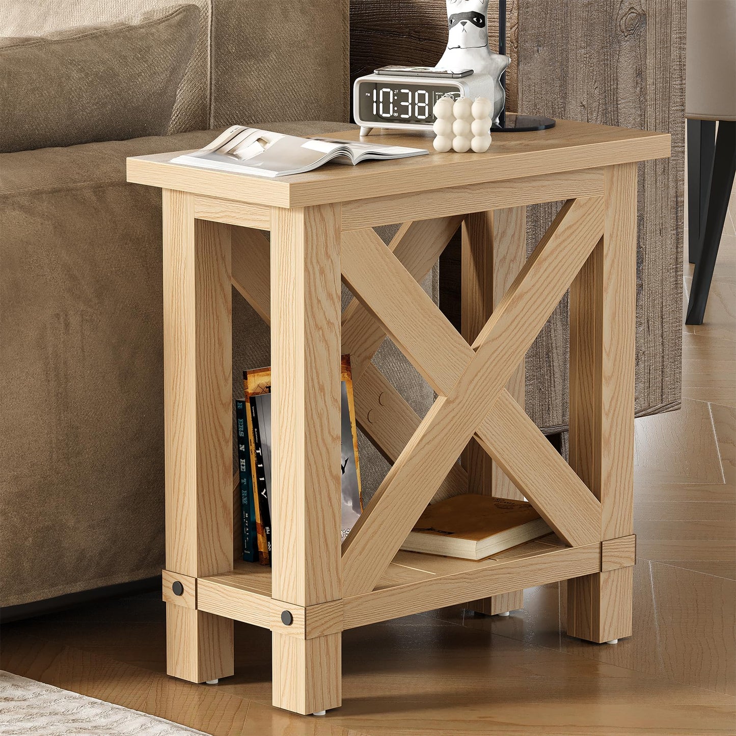 LITTLE TREE Farmhouse Side Table, Narrow End Table for Space Saving, Bedside Furniture for Bedroom, Living Room, Small Spaces, Oak