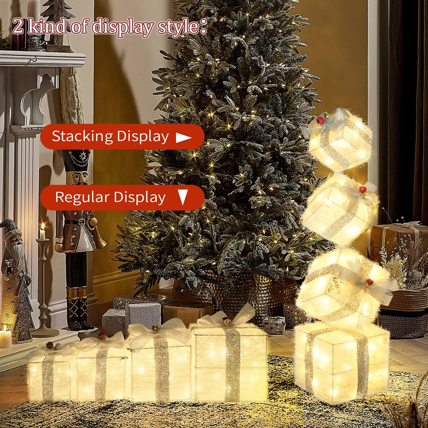 COVFEVER Christmas Lighted Gift Boxes Decorations Set of 4, 2.8Ft Stackable Christmas Nesting Boxes Battery Operated for Home and Party Decoration (8"-6"-5"-4", Silver Bow)