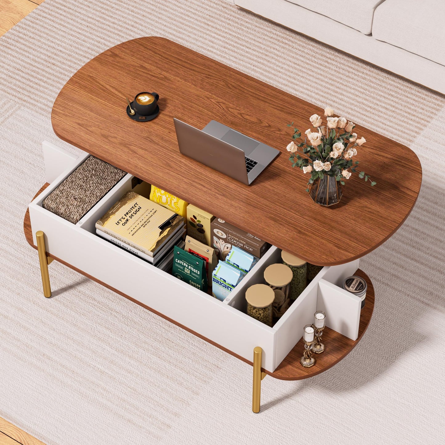 ALLSTAND 48" Oval Lift Top Coffee Table with Storage Metal Legs & Large Hidden Compartment, Coffee Tables with Lifting Top with Open Shelf, Lift Coffee Table with Wooden Lift Tabletop for Living Room