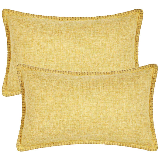decorUhome Decorative Outdoor Throw Pillow Covers 12x20 Set of 2, Lumbar Linen Rustic Neutral Farmhouse Pillow Covers with Stitched Edge for Couch, Sofa, Living Room, Mustard Yellow