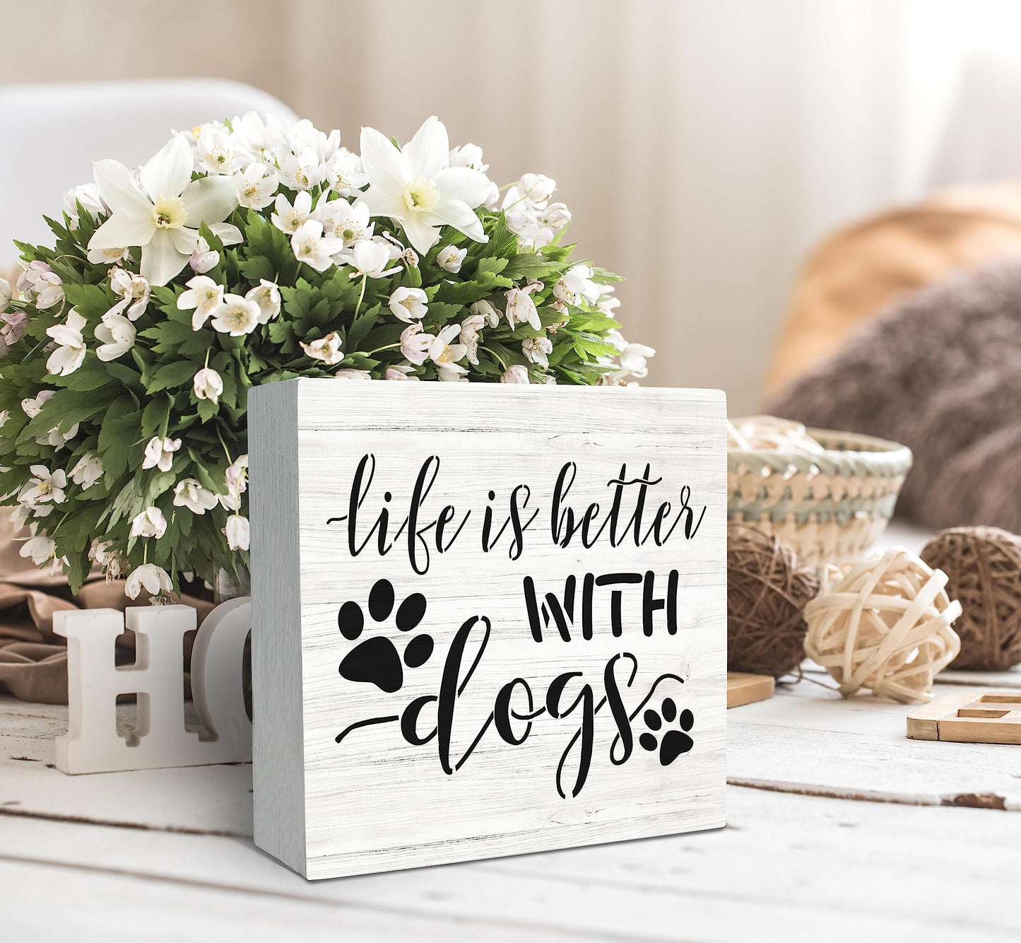 SRADMO Life Is Better with Dogs Wood Box Sign Desk Decor, Dog Lovers Saying Rustic Wooden Block Box Sign Decoration For Home Living Room Shelf Table Decor