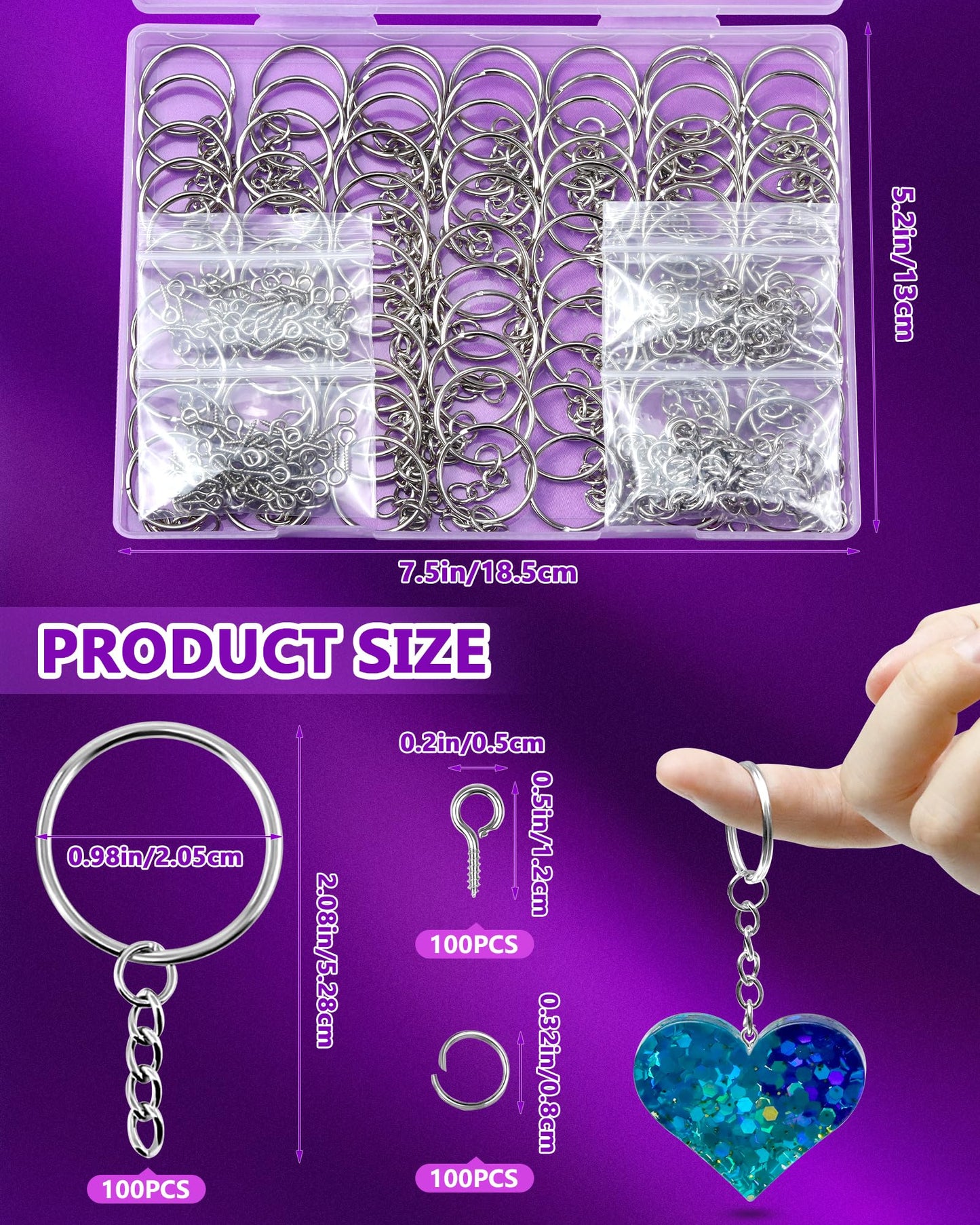 FIVEIZERO 300Pcs Key Rings Kit, 100Pcs Key Ring with Chain, Keyrings Kit,100Pcs Small Screw Eye Pins, 100Pcs Open Jump Rings for Keychain Making Supplies, Crafts, and DIY Projects
