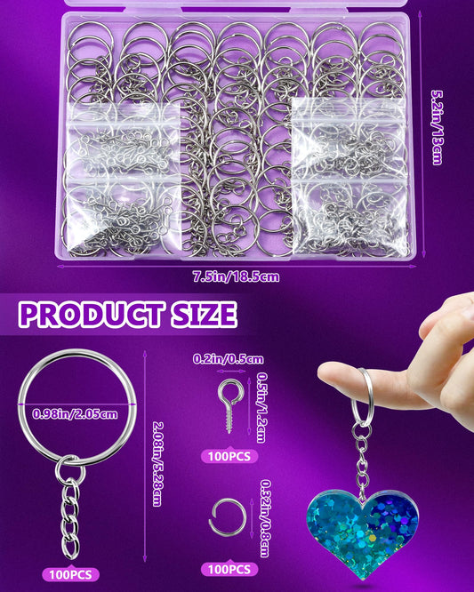 FIVEIZERO 300Pcs Key Rings Kit, 100Pcs Key Ring with Chain, Keyrings Kit,100Pcs Small Screw Eye Pins, 100Pcs Open Jump Rings for Keychain Making Supplies, Crafts, and DIY Projects
