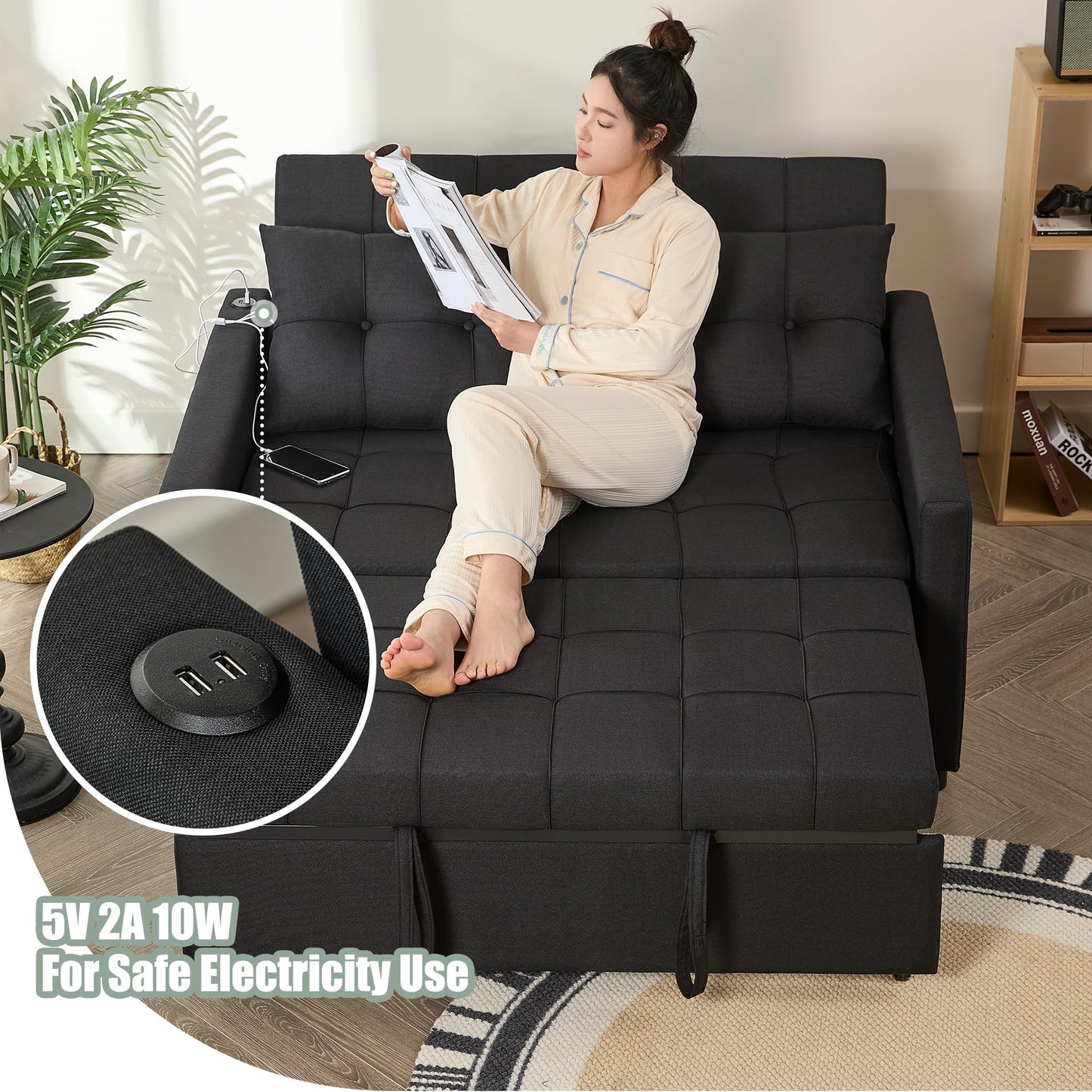 GOSUHI 52" Sleeper Sofa with Pull-Out Bed, 3-in-1 Convertible Sofa Bed, Loveseat with Stepless Adjustable Backrest and Side Pocket, for Living Room Dorm Apartment, Linen, Black