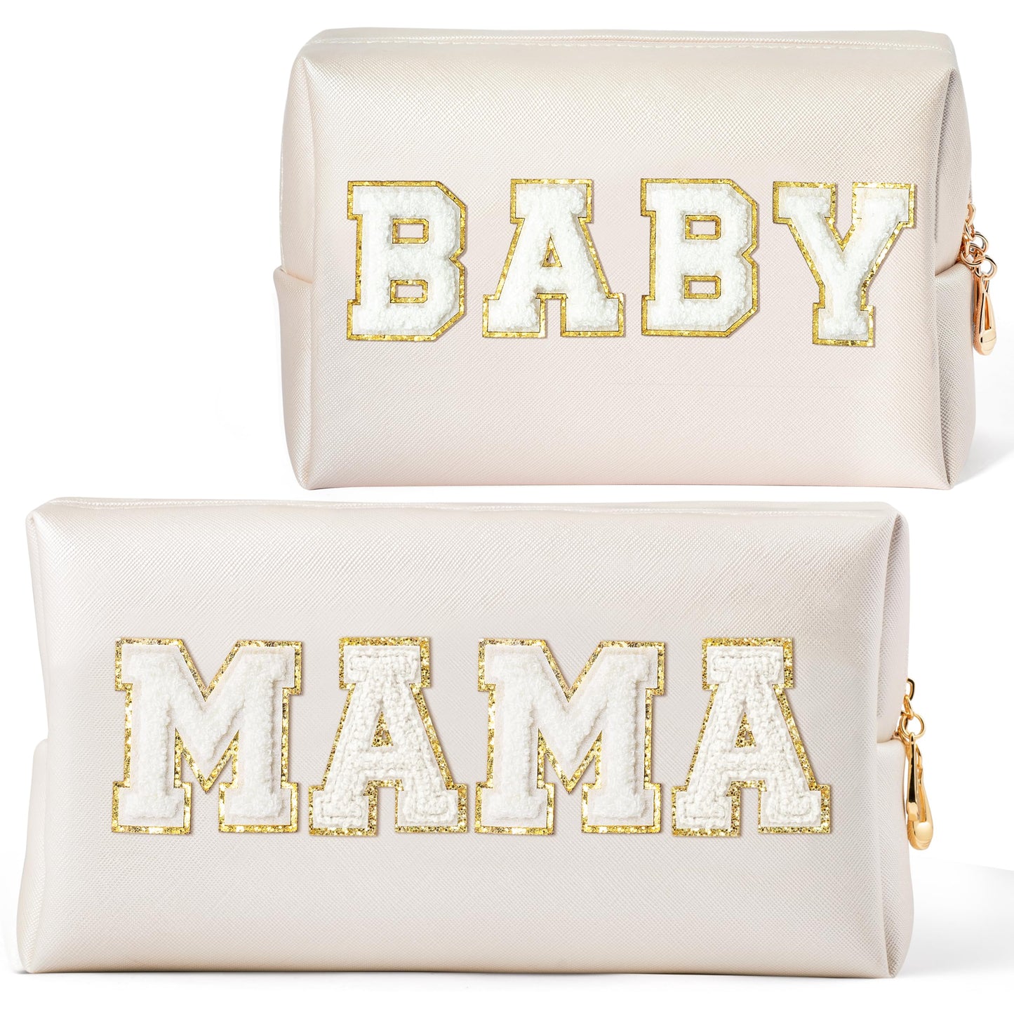 CY2SIDE MAMA Baby Letter Makeup Bag - 2PCS White MAMA and BABY Chenille Letter Patch Cosmetic Bag Pink PU Leather Patch Pouch Waterproof Portable Zipper Travel Organizer Case Xmas Gifts for Mom Women