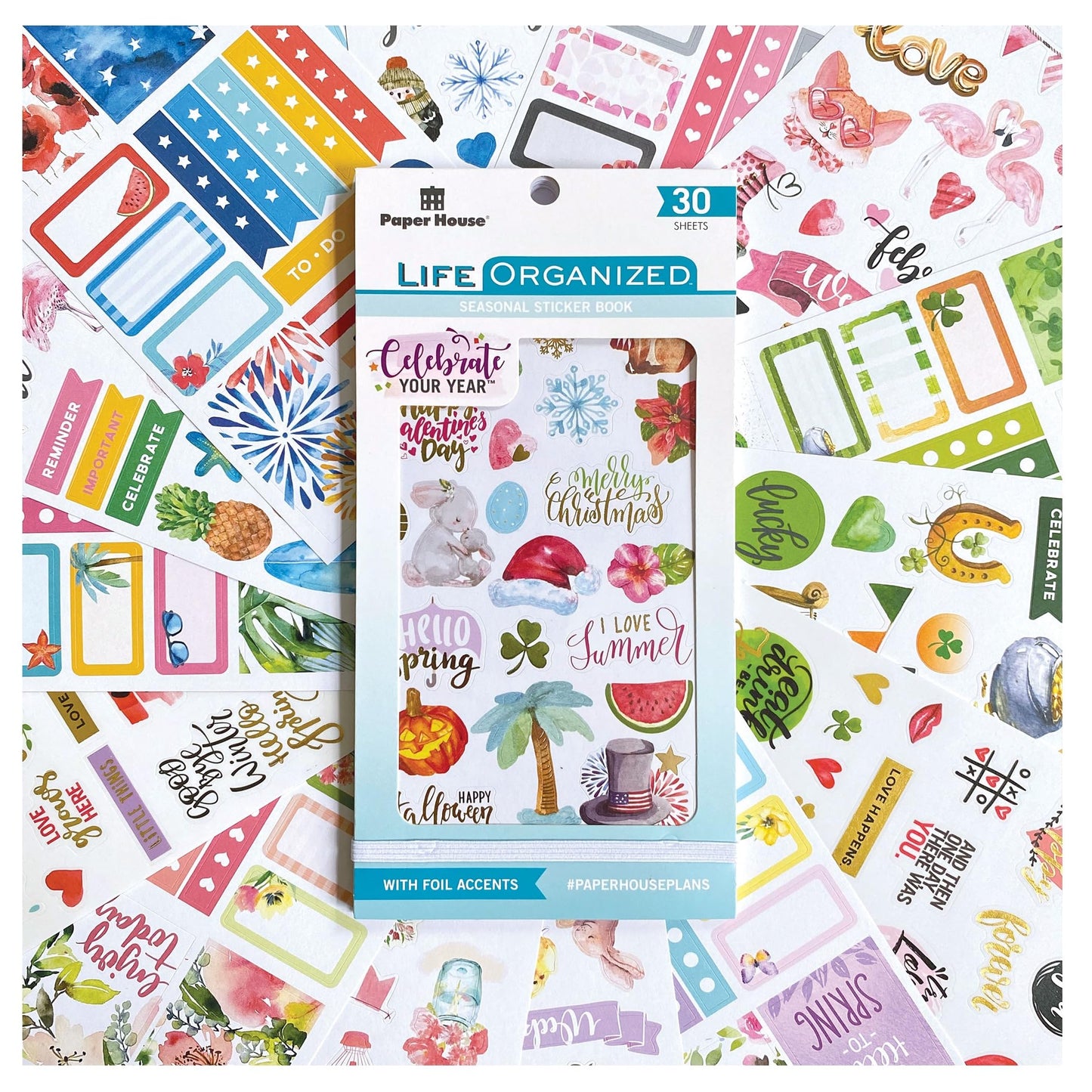 Paper House Productions Seasons Collection 30-Sheet 1200-Piece Celebrate Your Day Planner Sticker Folio for Planners, Journaling and Crafting