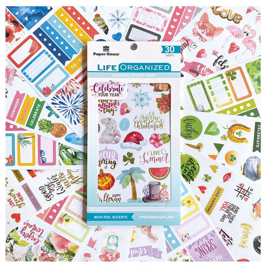 Paper House Productions Seasons Collection 30-Sheet 1200-Piece Celebrate Your Day Planner Sticker Folio for Planners, Journaling and Crafting