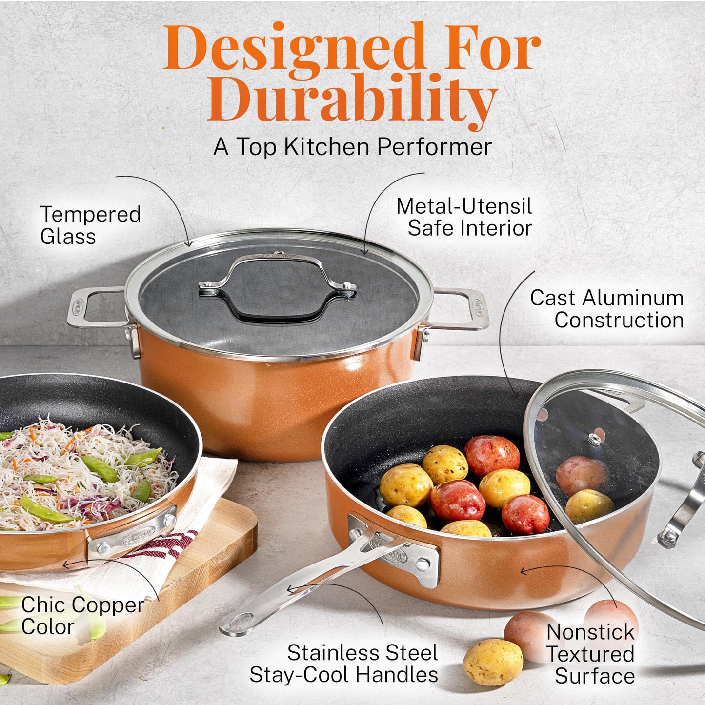 GOTHAM STEEL 10 Pc Copper Pots and Pans Set Non Stick Cookware Sets for Kitchen, Space Saving Pots and Pans with Fry Pan and Pot Set, Non Toxic, Nonstick Cookware Set, Oven and Dishwasher Safe