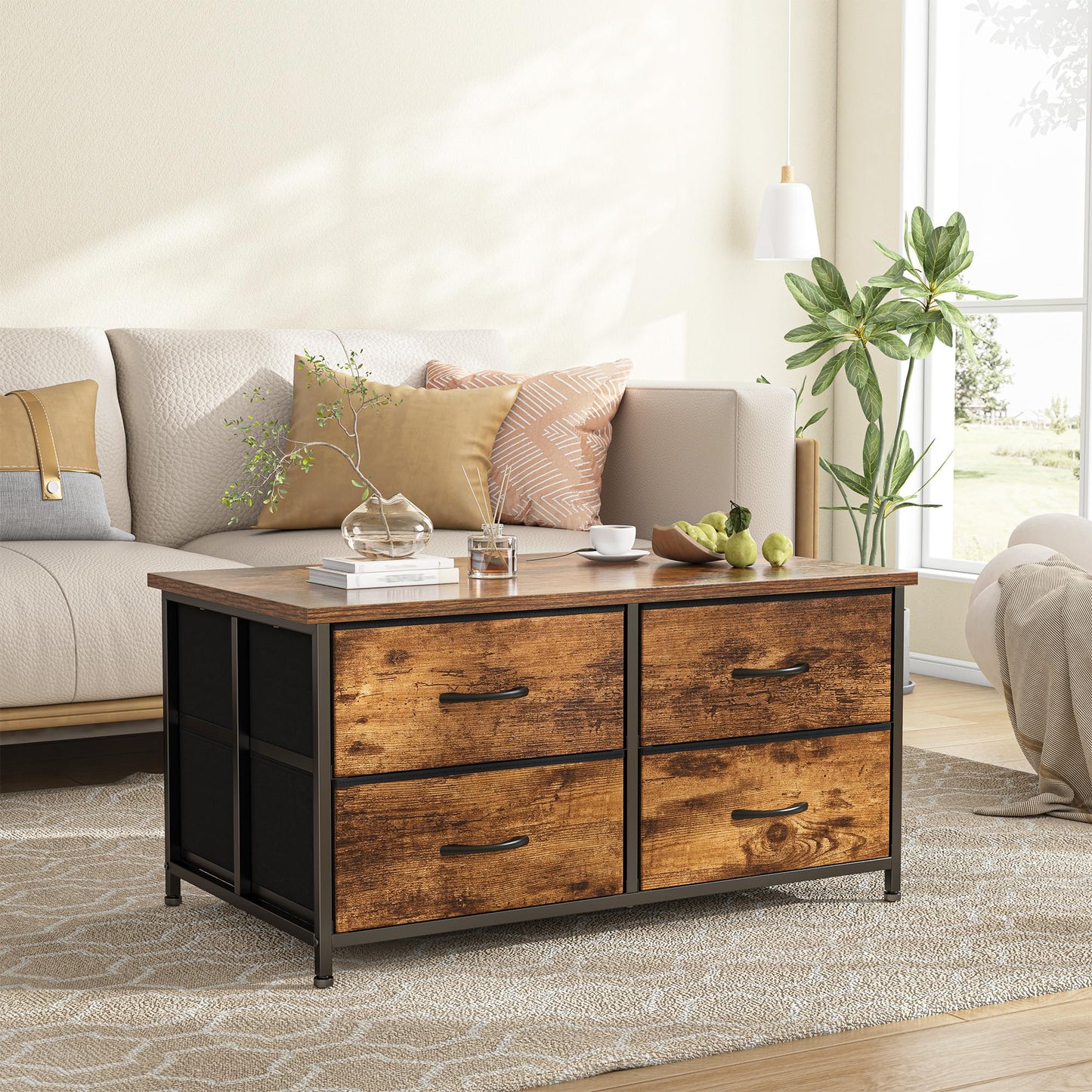 EnHomee Coffee Table with Storage, Modern Coffee Tables for Living Room, Black Center Table with Fabric Drawer and Large Hidden Space for Bedroom, Home, Office