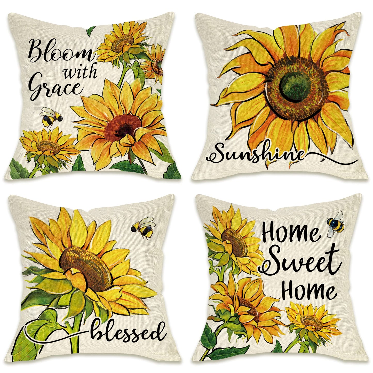Fahrendom Sunflower Sunshine Decorative Throw Pillow Cover 18 x 18 Set of 4, Spring Summer Home Sweet Home Blessed Porch Patio Outdoor Pillowcase, Fall Autumn Flower Farmhouse Couch Cushion Case Decor