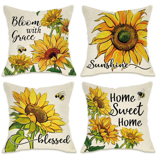 Fahrendom Sunflower Sunshine Decorative Throw Pillow Cover 18 x 18 Set of 4, Spring Summer Home Sweet Home Blessed Porch Patio Outdoor Pillowcase, Fall Autumn Flower Farmhouse Couch Cushion Case Decor