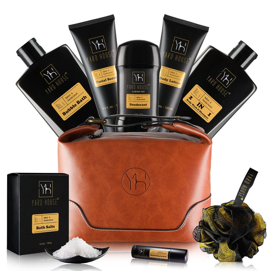 YARD HOUSE Bath and Body Gift Set for Men - Sandalwood Amber - Birthday, Christmas, Fathers Day Gifts From Wife Daughter Son for Husband, Dad - Relax Spa Kit w. Full Size Items in Deluxe Toiletry Bag