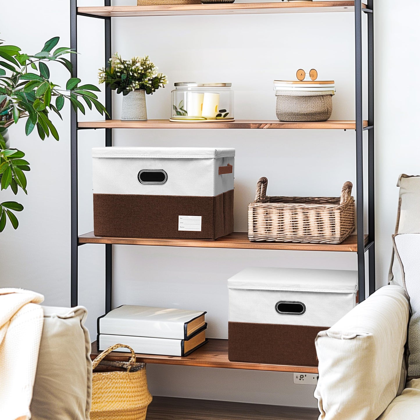 Foldable Fabric Storage Boxes with Lids, Collapsible Versatile Bins Baskets Cubes with Handles for Easy Organization in Closet, Living Room, and Bedroom (Brown & White, 3PCS/11.4*8.6*6.7in)