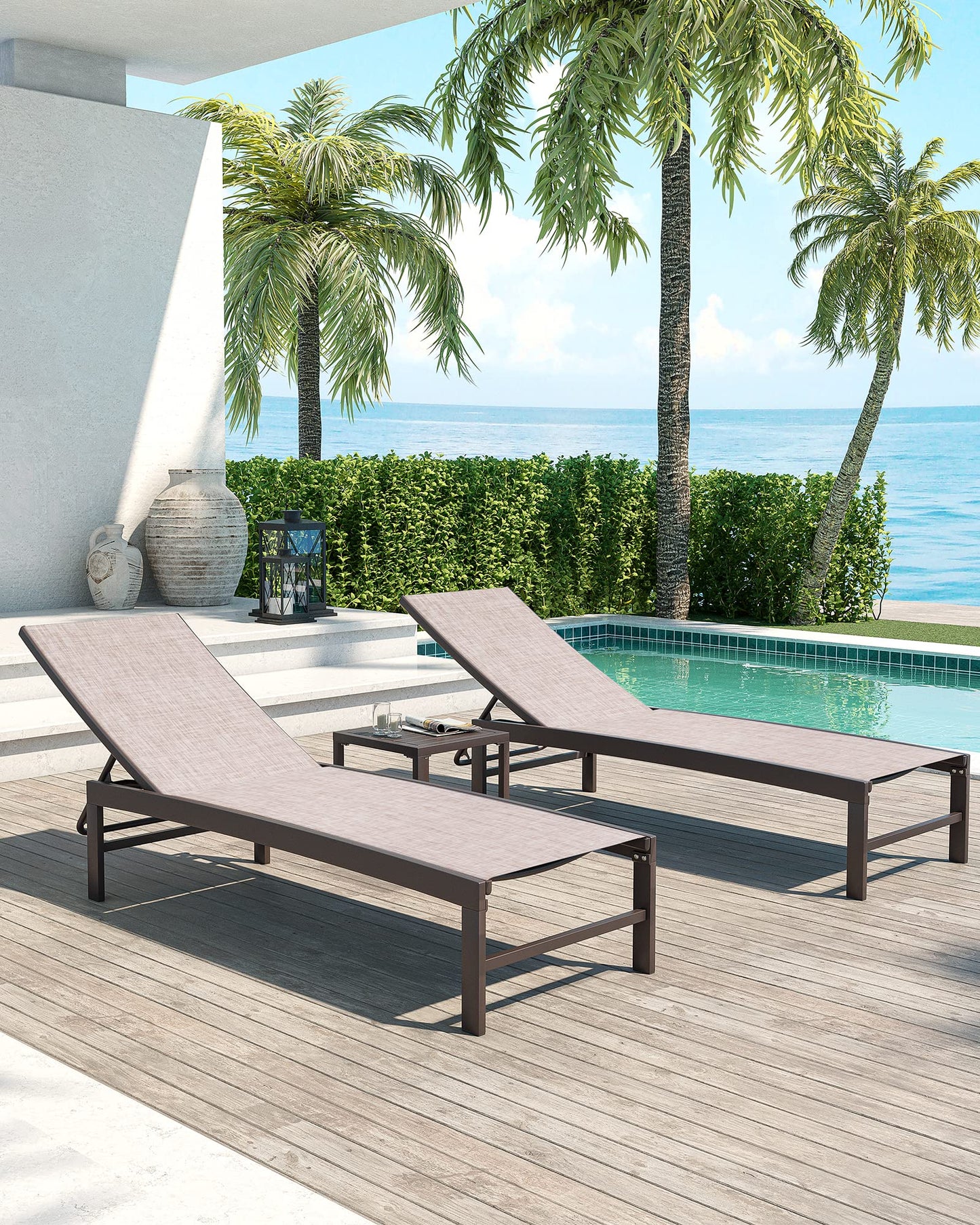 Crestlive Products 2PCS Chaise Lounge Chairs Outdoor with 1PC Side Table, Aluminum Patio Lounge Set, Adjustable Five-Position Recliner for Beach, Pool, Sunbathing, Lawn, Yard