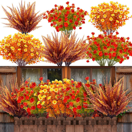 TURNMEON 12 Bundles Artificial Fall Flowers for Outdoors Fall Decorations,UV Resistant Fake Mums Faux Fall Plants Plastic Orange Boston Fern Eucalyptus Home Gardens Porch Autumn Thanksgiving Decor