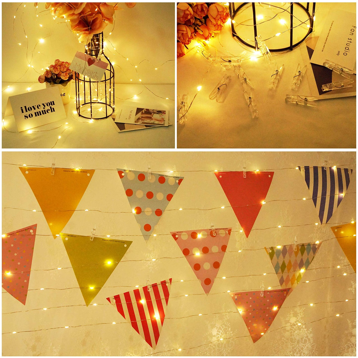 Cynzia Photo Clip String Lights Battery Powered, 100 LED Fairy String Lights with 50 Clear Clips, Silver Wire String Lights for Pictures Hanging Photo Wall Wedding Party Christmas Decor