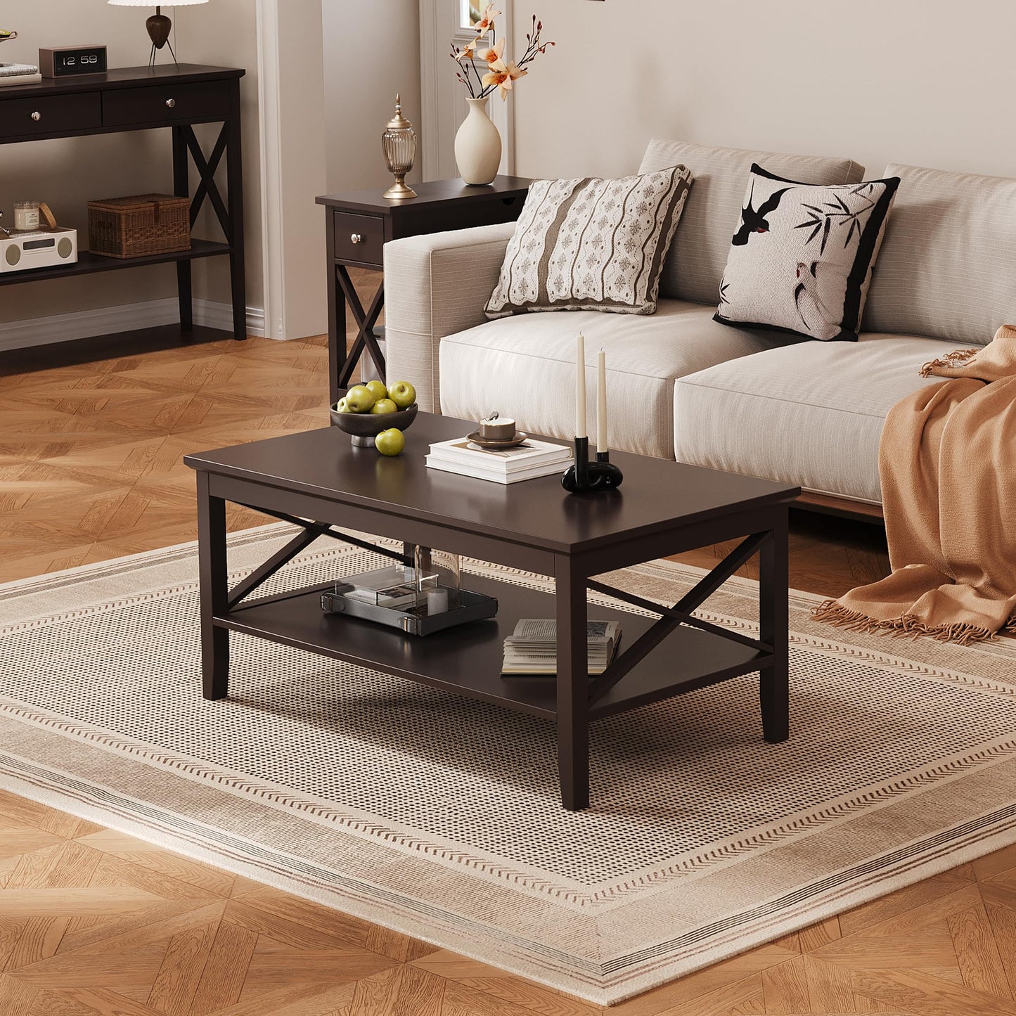 ChooChoo Oxford Coffee Table with Thicker Legs, Espresso Wood Coffee Table with Storage for Living Room 40 inches