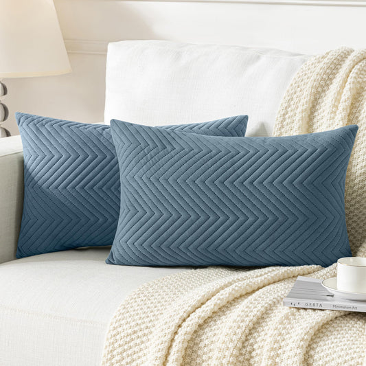 JELLYMONI Throw Pillow Covers 12”x20” Set of 2 Decorative Pillow Cases Blue Lumbar with Zipper Cushion Cover Polyester Quilted Solid Soft Home Decor for Bed Sofa Couch Living Room (NO Insert)