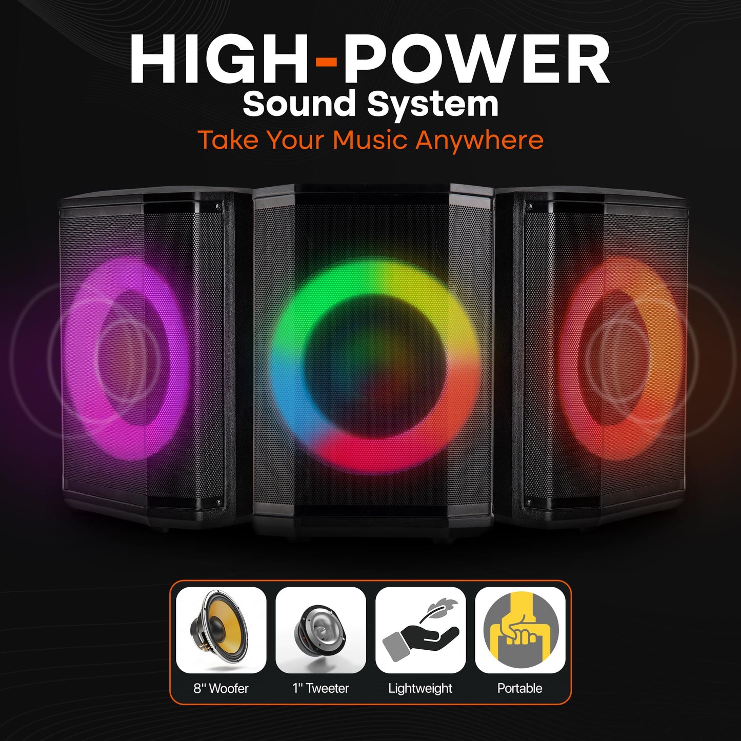Pyle Portable Bluetooth Speaker with 8" Inch Woofer, TWS Function, Mic Input, USB/Micro SD/FM Radio, Colorful Ring Lights, 120W Rechargeable Battery, Tripod Stand, Hi-Fi Sound, Indoor/Outdoor Use