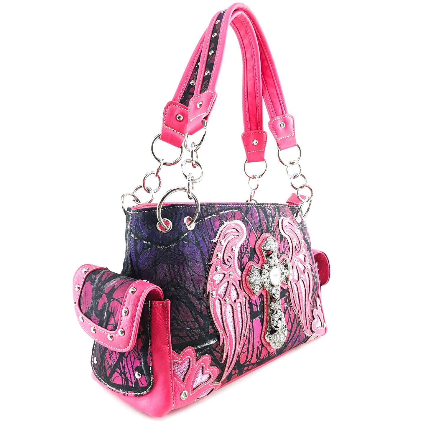 Zelris Camouflage Shine Glow Cross Wings Women Conceal Carry Handbag with Wallet (Hot Pink)