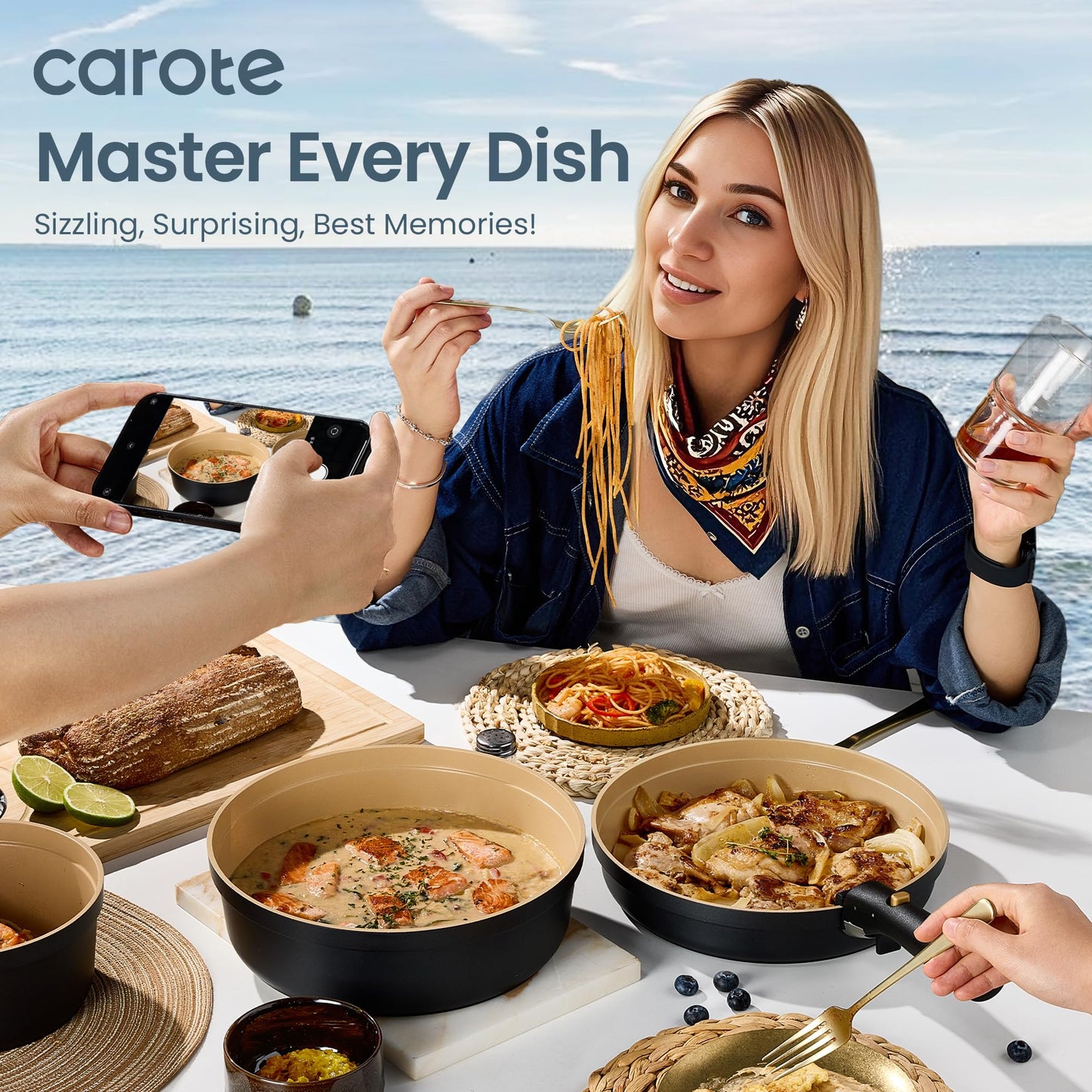 CAROTE 26pcs Pots and Pans Set Non Stick with Knives and Cutting Board,Detachable Handle Titanium Nonstick Cookware Set, Pot and Pan, Dishwasher/Oven Safe, RV/Camping, Induction Kitchen, Black/Yellow