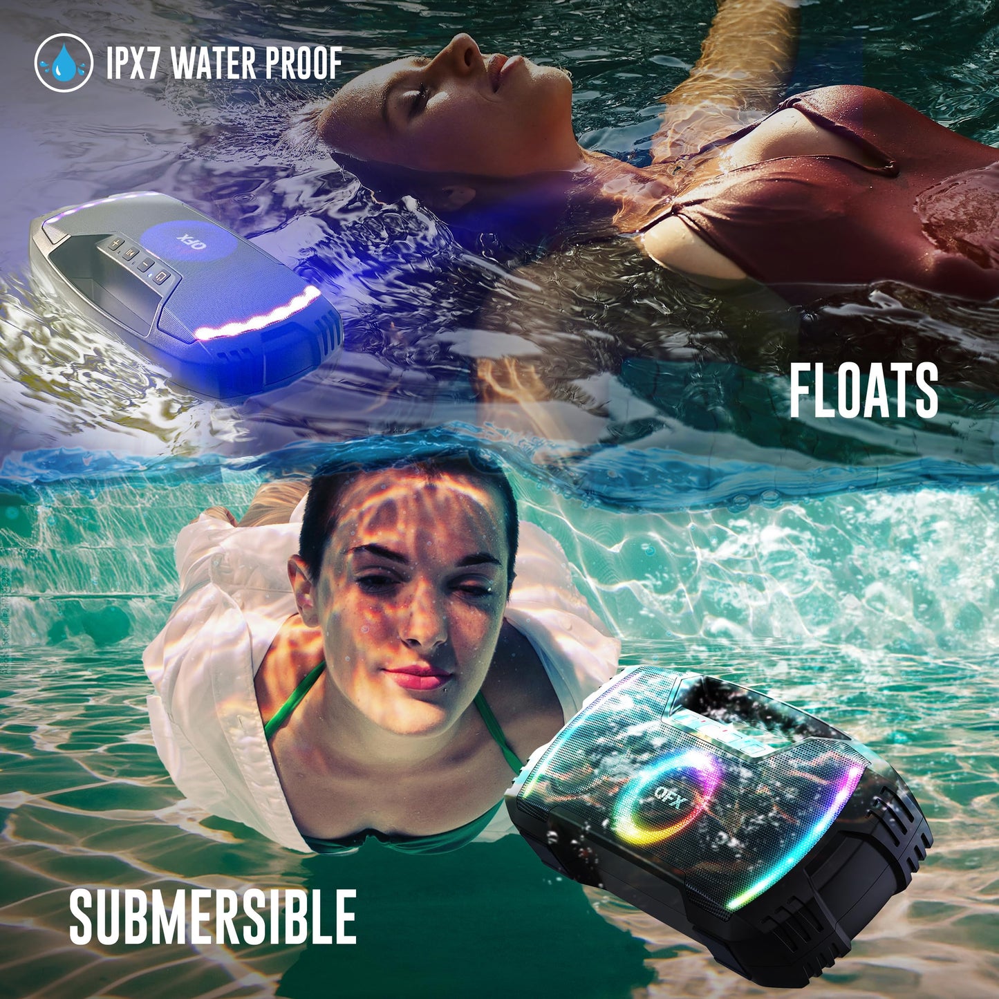 Powerful & Portable Waterproof All Terrain Bluetooth Speaker with Deep Bass, LED Party Lights, Fast USB-C Charging, FM Radio, AUX – QFX BT-ZX35