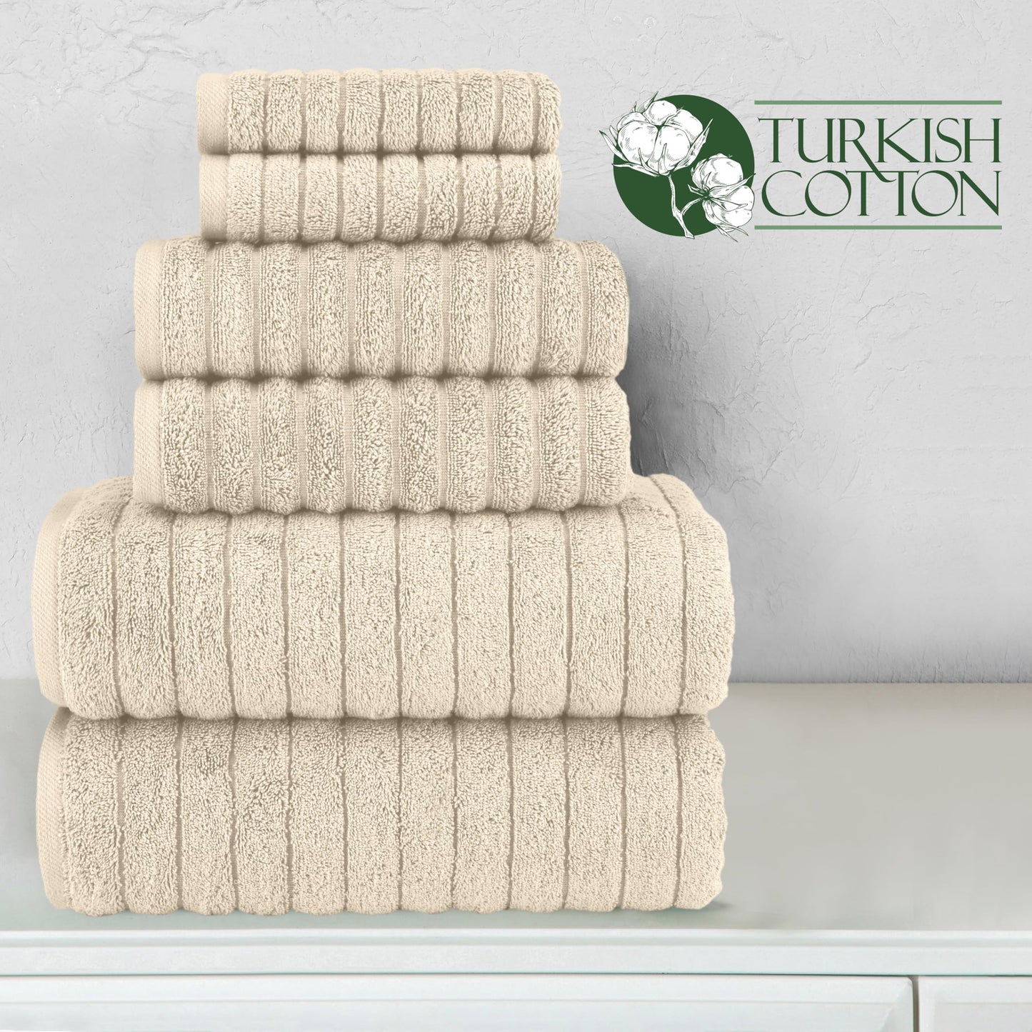 Elegant Comfort 100% Turkish Cotton Corduroy Ribbed Luxury Bath Towels 6-Piece Set, Premium Feel - Quick Dry, Highly Absorbent, Contains 2 Bath Towels, 2 Hand Towels, and 2 Washcloths, Ivory