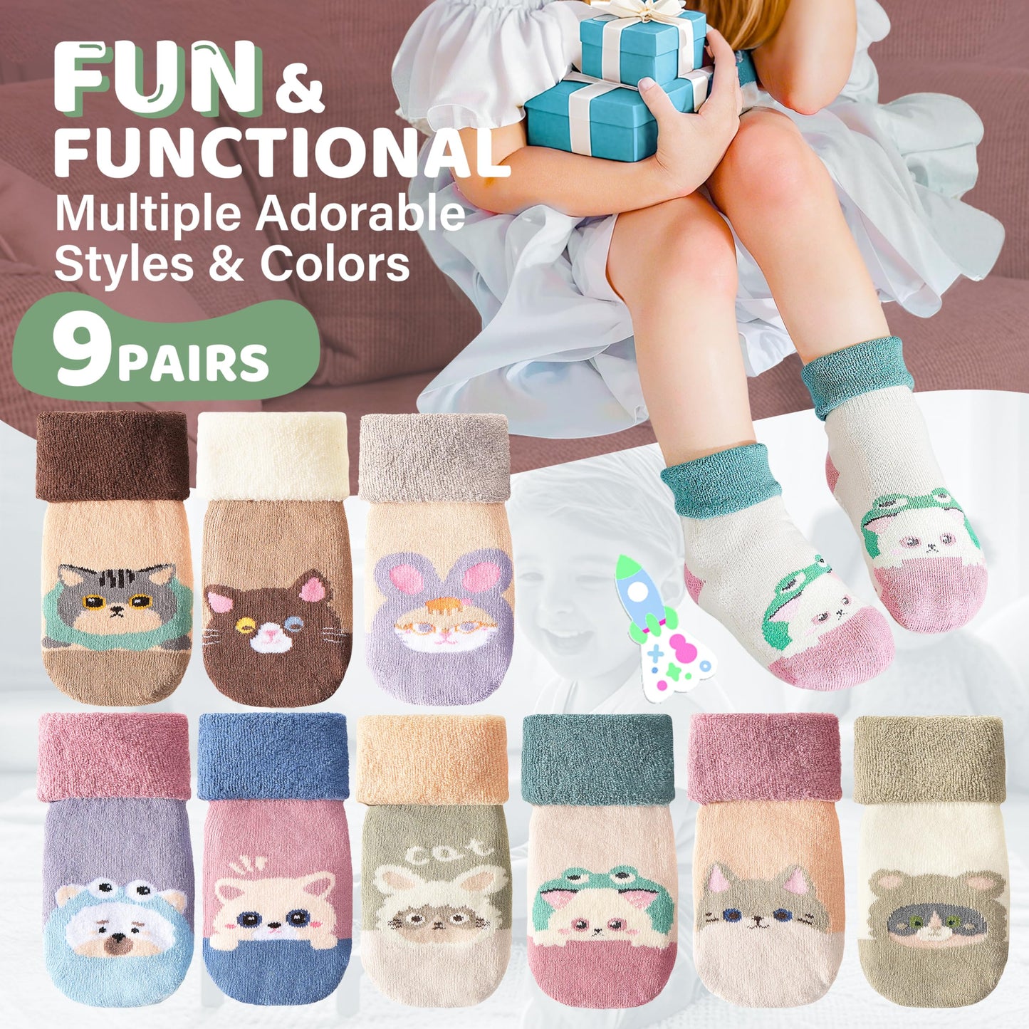 ANTSANG Baby Toddler Socks With Grippers Girls Boy Kids Unisex Winter Warm Thick Cotton Ankle Crew Non-Slip/Anti-Skid Socks 9 Pairs(Cartoon Animal,1-3T)