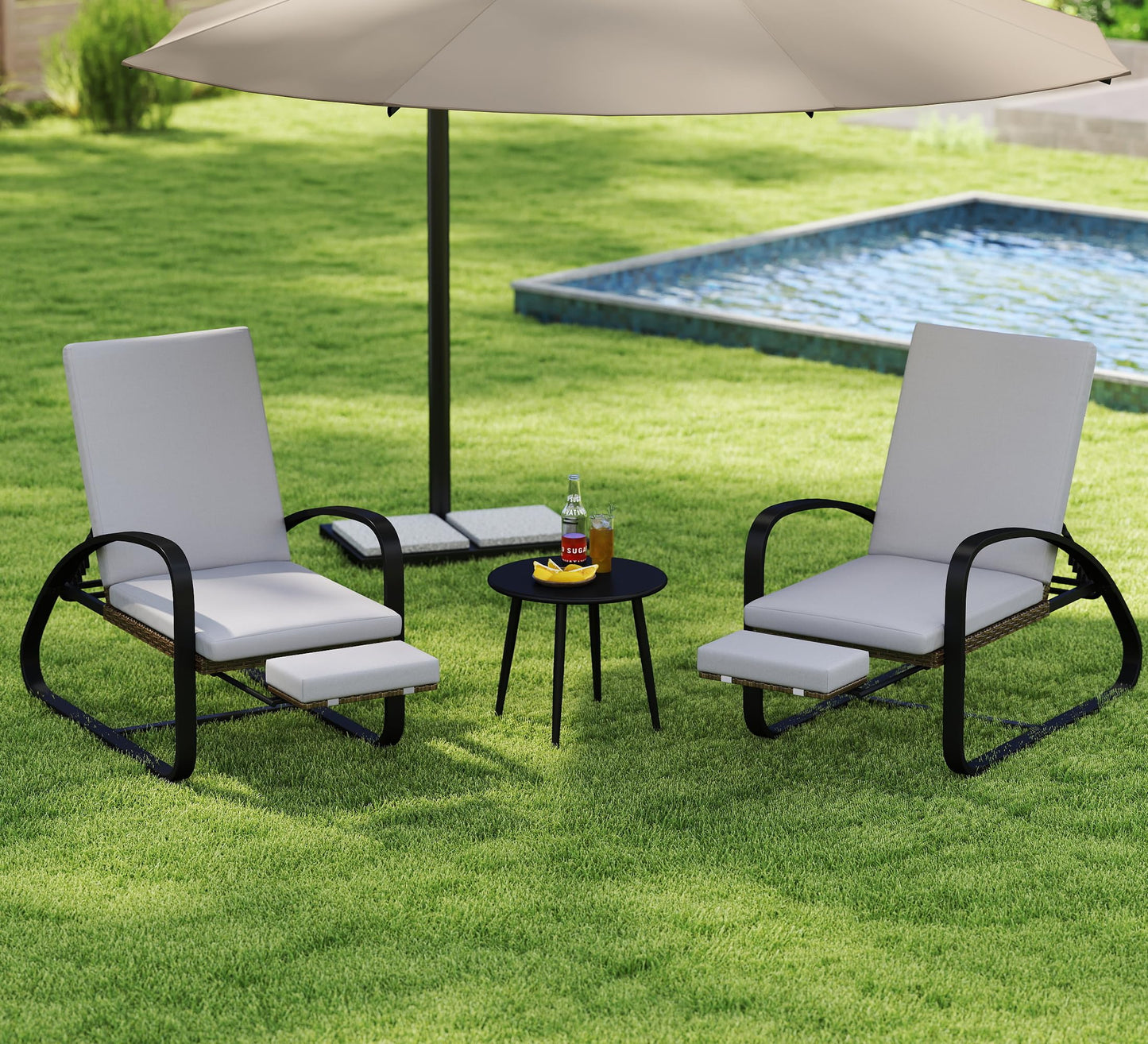 DAYARUS 3 Piece Patio Furniture Set with Pullout Footrest, Adjustable Backrest Patio Conversation Set, Metal Patio Chairs with Coffee Table, Outdoor Furniture Lounge Recliner for Lawn/Balcony, Grey
