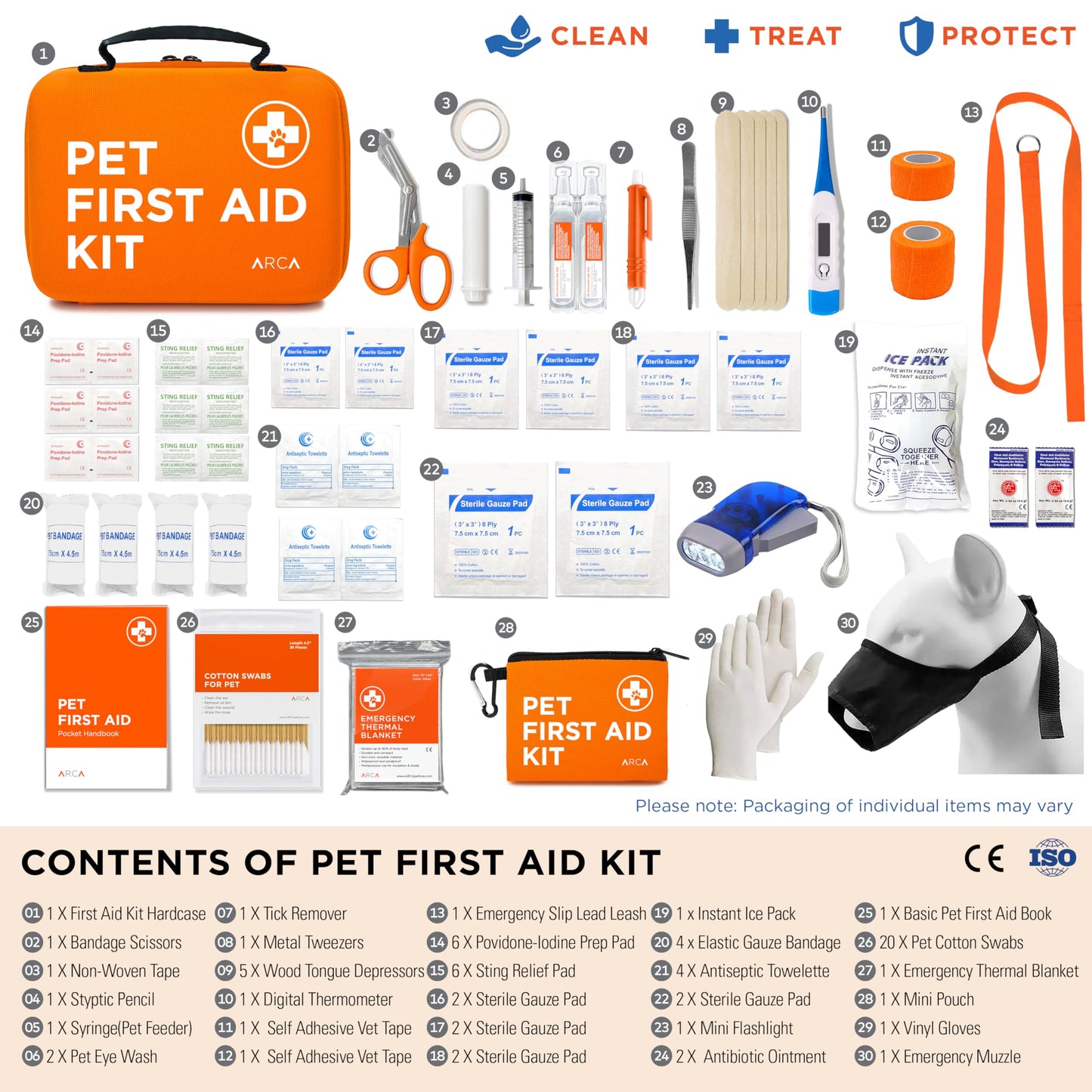 ARCA PET Cat & Dog First Aid Kit for Car - Pet Emergency Kit for Home Office Travel – Dog Camping Essentials with Digital Thermometer, Muzzle & Mini First Aid Pouch