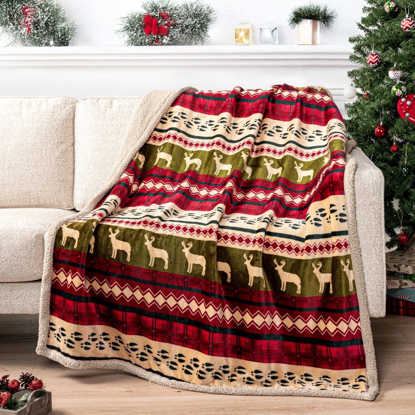 PAVILIA Premium Christmas Blanket Sherpa Fleece Throw| Plush Christmas Decoration, Reindeer, Cozy Reversible Winter Holiday Cabin Blanket for Sofa Couch 50x60