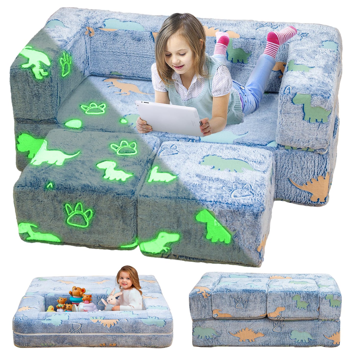 furlinkhm Toddler Couch, Glow in The Dark Kids Play Couch Toddler Fold Out Couch, Kids Fold Out Couch for playroom, Convertible Baby Fold Out Play Foam and Floor Cushion for Bedroom, Blue+Dinosaur