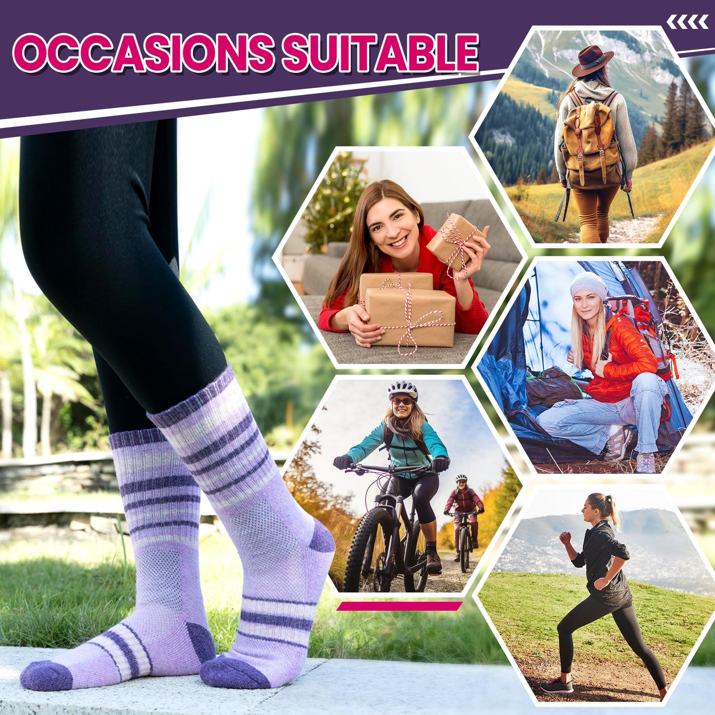 DoSmart Merino Wool Hiking Socks for Women Thermal Winter Warm Moisture Wicking Boot Work Cushion Gift Socks 5 Pairs(Stripe A,Medium)