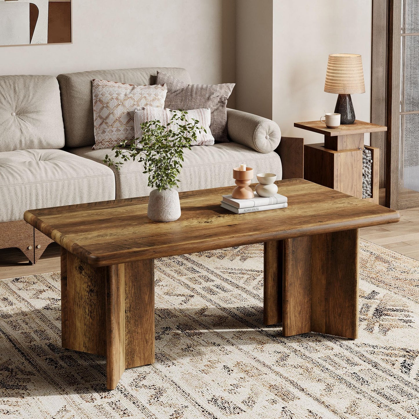 Tribesigns Rectangle Coffee Table, 47.24-Inch Farmhouse Low Cocktail Tea Table, Home Living Room Center Furniture, Rustic Brown