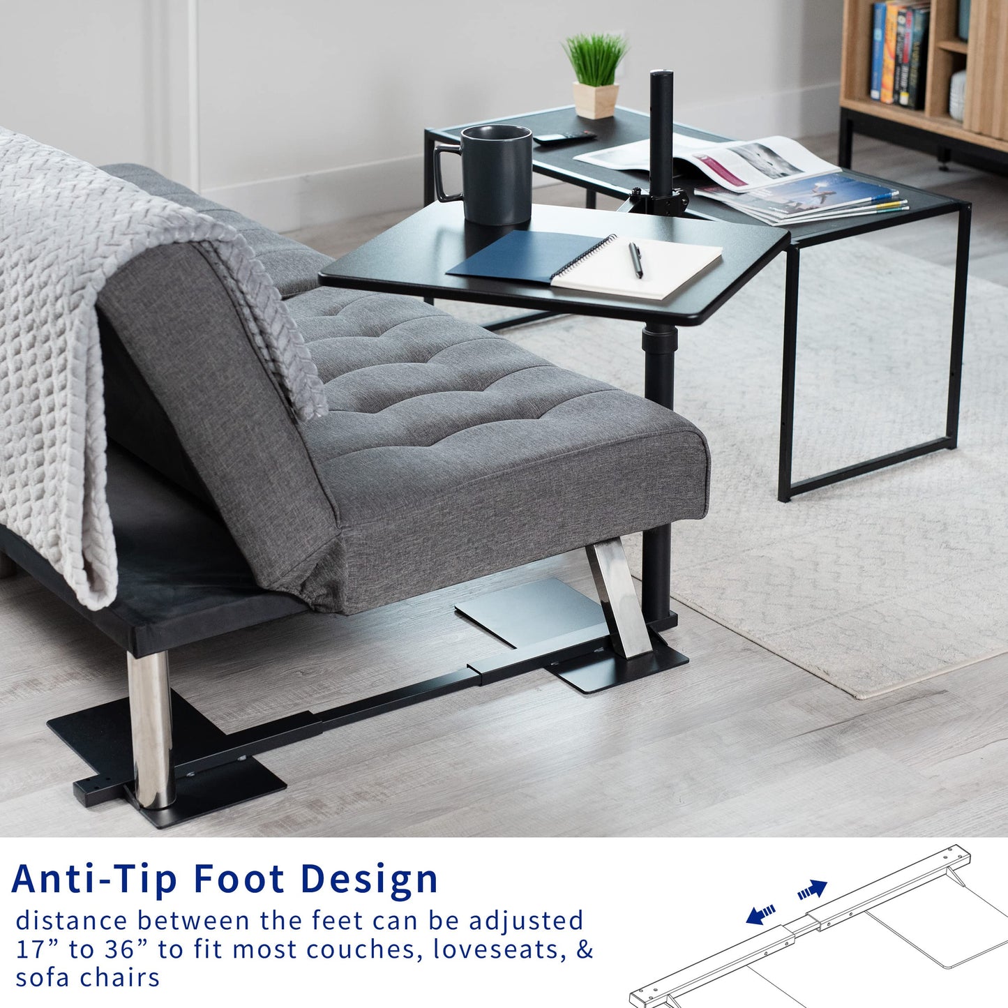 VIVO 20 inch Over Couch Swivel Table, Laptop Desk for Remote Work, Portable Recliner Workstation with Height Adjustable Swing Arm, Black, DESK-ST01C