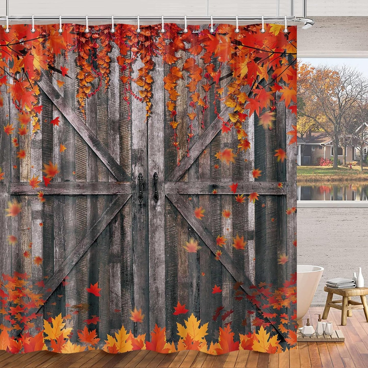 Rustic Fall Barn Door Shower Curtain Sets for Bathroom,Seasonal Theme Autumn Maple Leaves Bath Curtain, Retro Wood Board Thanksgiving Harvest Day Farmhouse Decoration Curtains with Hooks 72X84IN