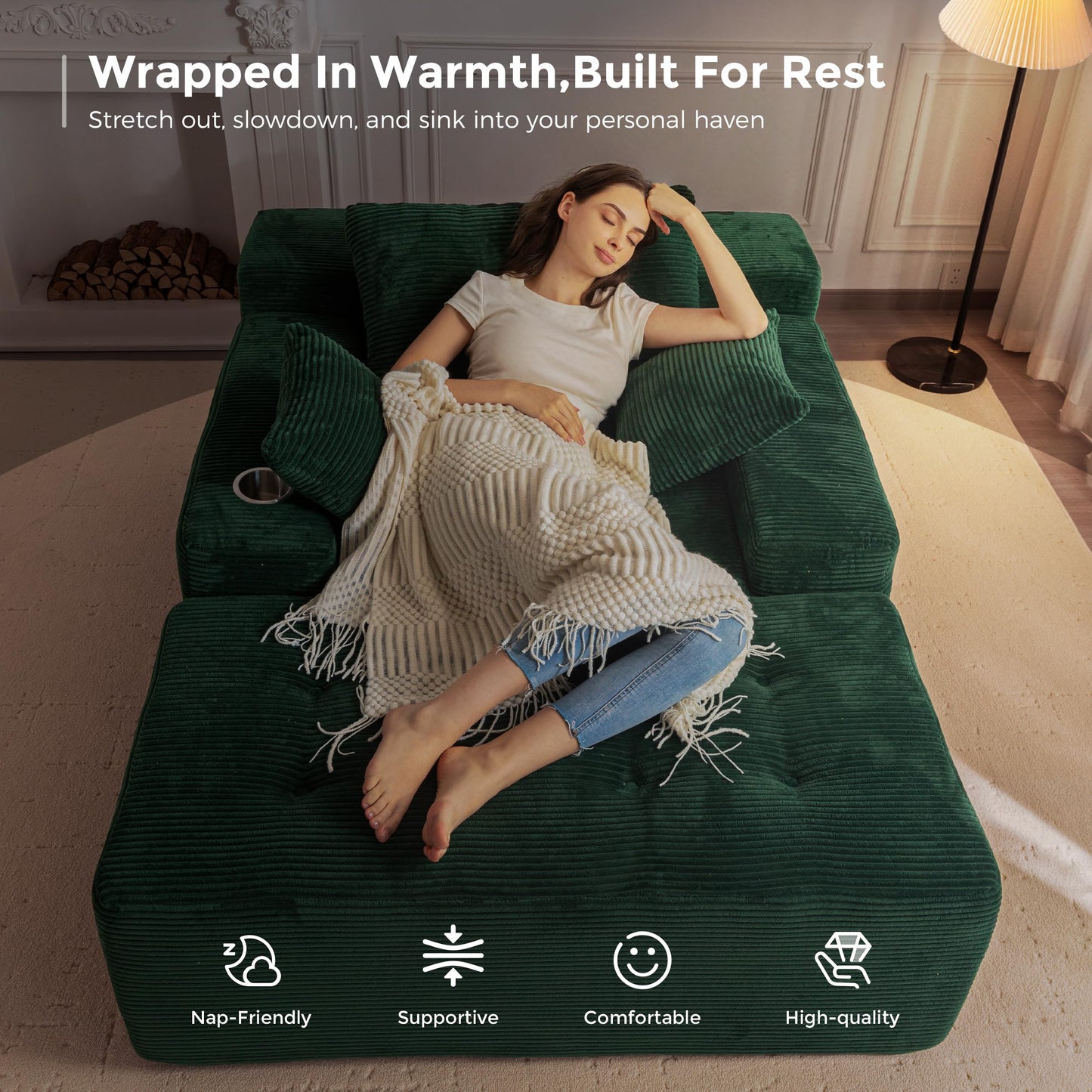 MAXYOYO Oversized Chaise Lounge Sofa, Upholstered Lounge Chair with 3 Pillows Indoor, Tufted Boneless Sofa Couch with Ottoman, Deep Seat Sleeper Chair for Living Room, Bedroom, No Assembly, Green