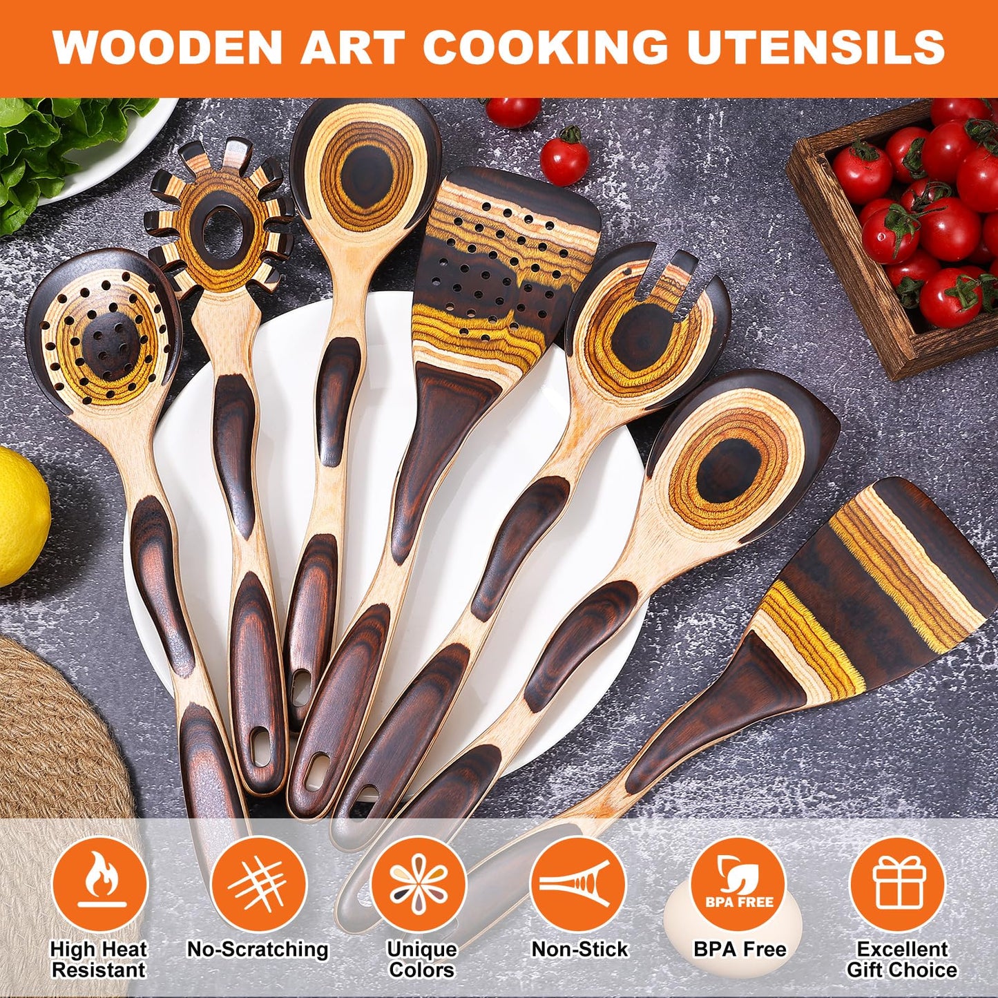 NAYAHOSE Kitchen Utensils Set for Cooking, 7 Pcs Pakkawood Wooden Cooking Spoons & Spatulas with Spoon Rest, Safe for Non-Stick Cookware, Housewarming Kitchen Gift (Brown Spoon-7pcs)