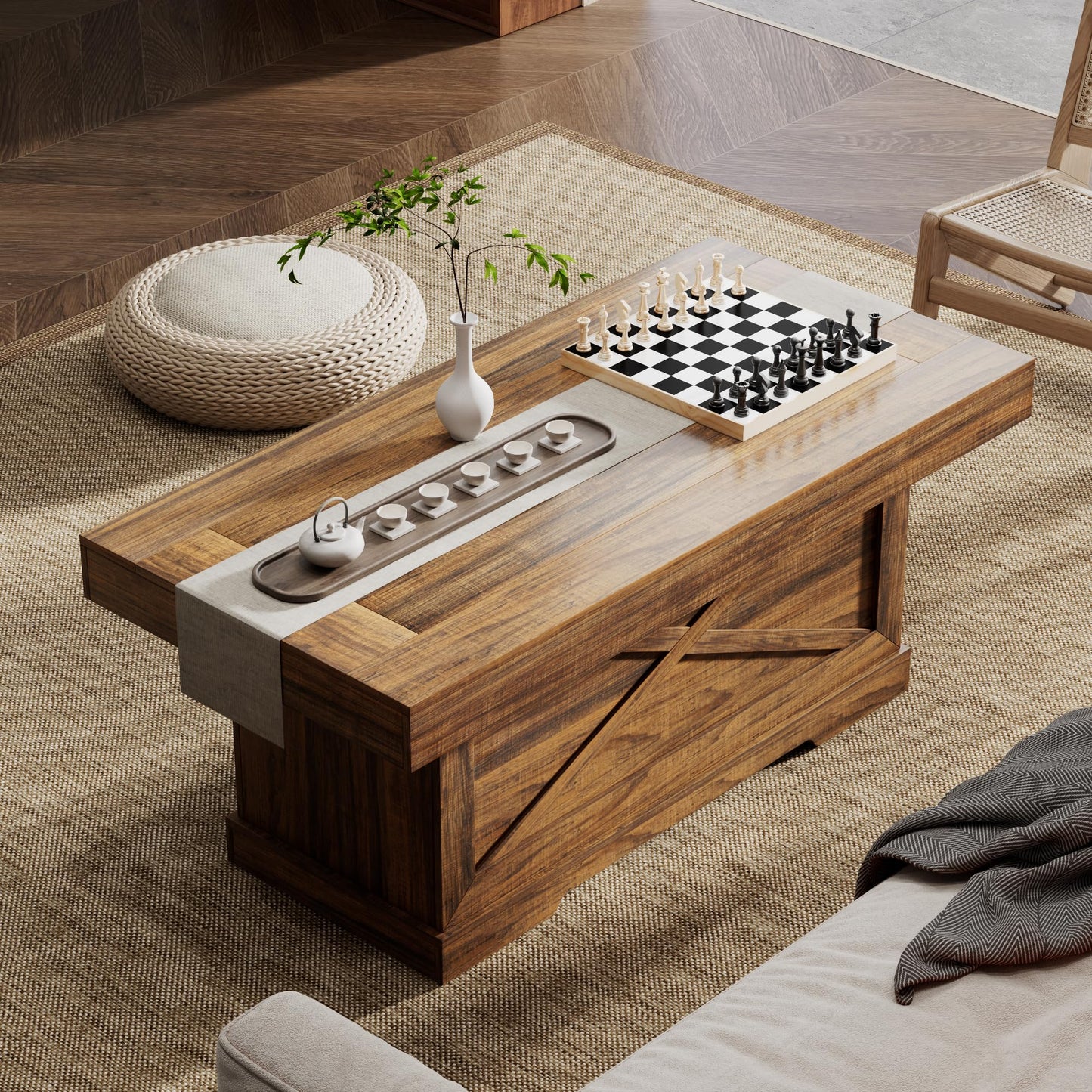 Lareth Coffee Table 39 in Rustic Center Table with X-Design Wooden Pedestal for Living Room, Space Saving, Easy Assembly Rectangle Home Office Tea Accent Table for Dining Room Apartment, Walnut