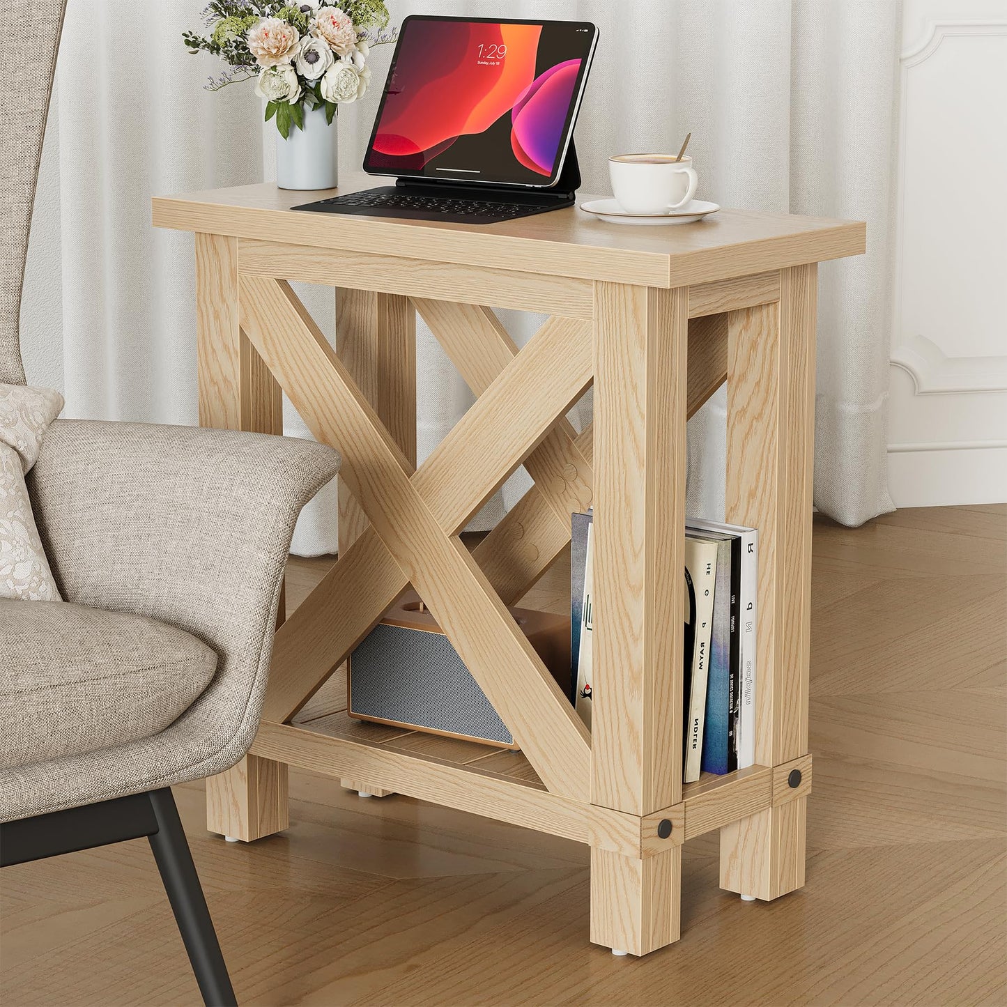 LITTLE TREE Farmhouse Side Table, Narrow End Table for Space Saving, Bedside Furniture for Bedroom, Living Room, Small Spaces, Oak