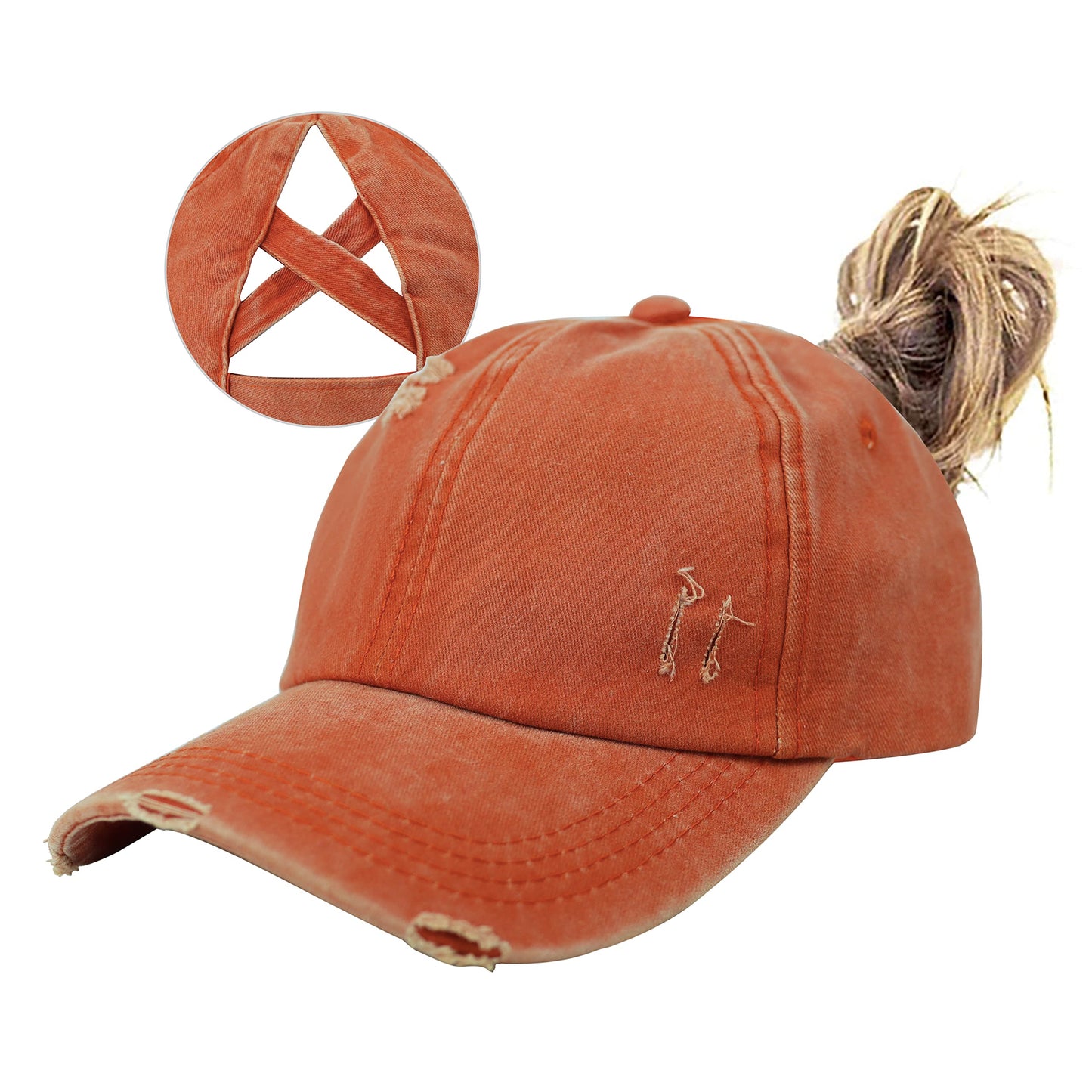 HGGE Women Ponytail Criss Cross High Messy Buns Ponycaps Baseball Cap Adjustable Cotton Distressed Dad Trucker Hat