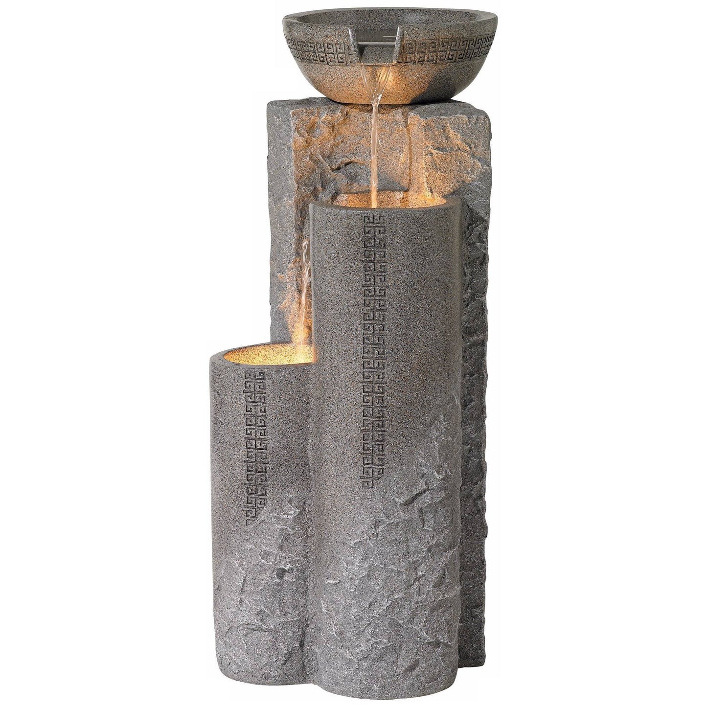 Bowl and Pillar 34 1/2" High Large Modern Zen Outdoor Decor Faux Stone Floor Fountain with Light LED Standing Waterfall Tiered Water Feature for Outside Garden Patio Yard Backyard - John Timberland