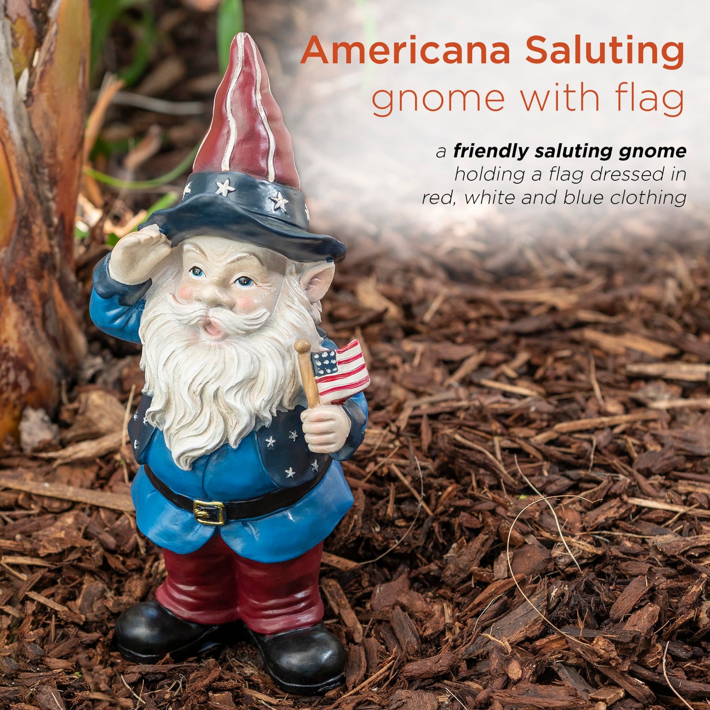 Alpine Corporation 12" Tall Outdoor Patriotic Garden Gnome Saluting Yard Statue Decoration